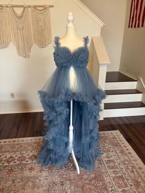 Maternity Blue Ruffled Tulle High-Low Gown